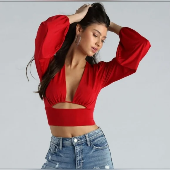 Plunge Tie-Back Crop Top Red - Picture 1 of 4
